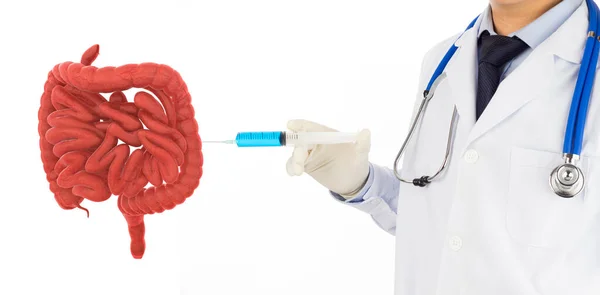 腸内に注射された医師がヒトの腸をチェックする3Dコンセプト — ストック写真
