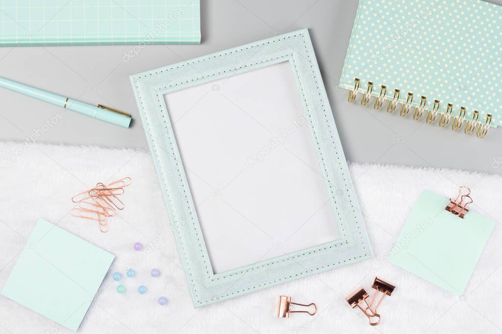 flat lay stationery on work desk in gray pastel background