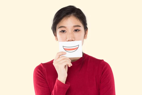 Jong Aziatisch Vrouw Met Gelukkig Emotie Papier Reclame Banner — Stockfoto