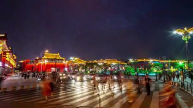 Xian Datang Street Gece Işıkları Meşgul Yol Timelapse