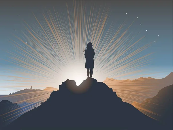Силуэт женщины на вершине горы, благодаря которому видны лучи заходящего солнца. — стоковый вектор