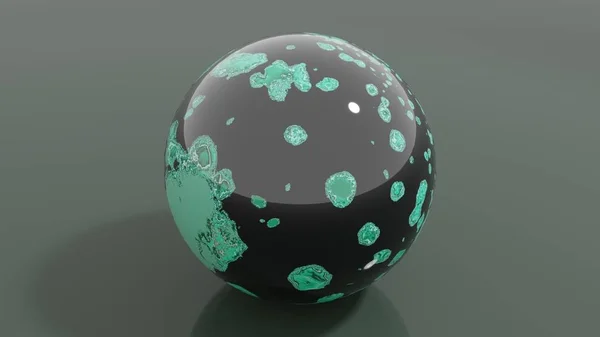 3D illustration of marble-like polished malachite mineral balls shining in bright light
