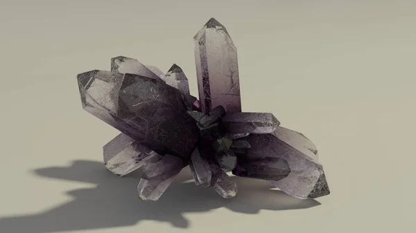 3D illustration of amethyst quartz mineral crystals shining in bright yellowish light