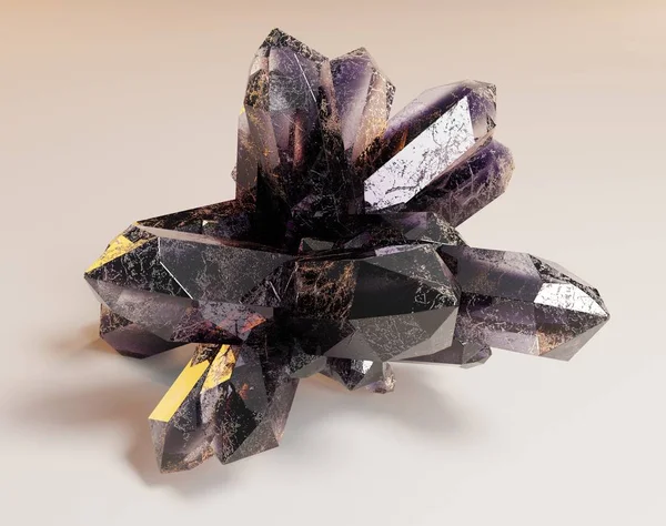 3D illustration of quartz amethyst mineral crystals shining in yellowish light and background