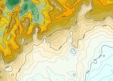Kesikli kontur çizgileri ile mavi-sarı topografik harita