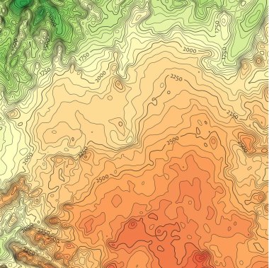 Kontur çizgileri ile yeşil-turuncu topografik harita