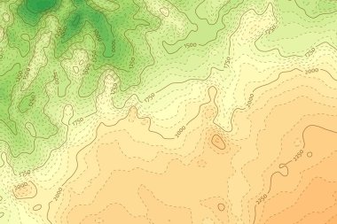 Kesikli kontur çizgileri ile yeşil-turuncu topografik harita