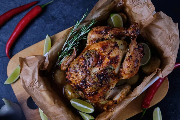 Chicken Baked Oven Spices Lemon Herbs Young Potatoes — Stock Photo, Image