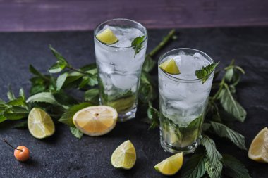 Mojito ferahlatıcı yaz kokteyli. Malzemeler: buz, soda, rom, şeker şurubu, limon, nane.