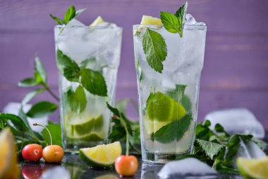 Mojito ferahlatıcı yaz kokteyli. Malzemeler: buz, soda, rom, şeker şurubu, limon, nane.