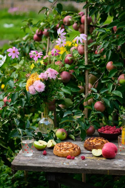 Appeltaart Een Oude Houten Tafel Onder Een Appelboom Een Dorp — Stockfoto