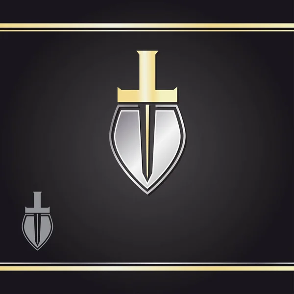 Złoty miecz i logo srebrnej tarczy wzór wektora na czarnym tle. Znak wodny. — Wektor stockowy