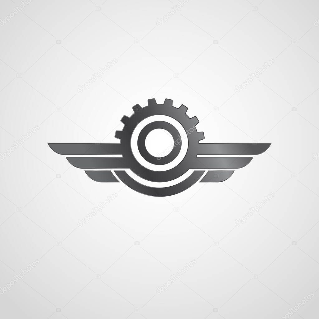 Engineering logo with gear wheel and wings. Logo design template. Silver color.