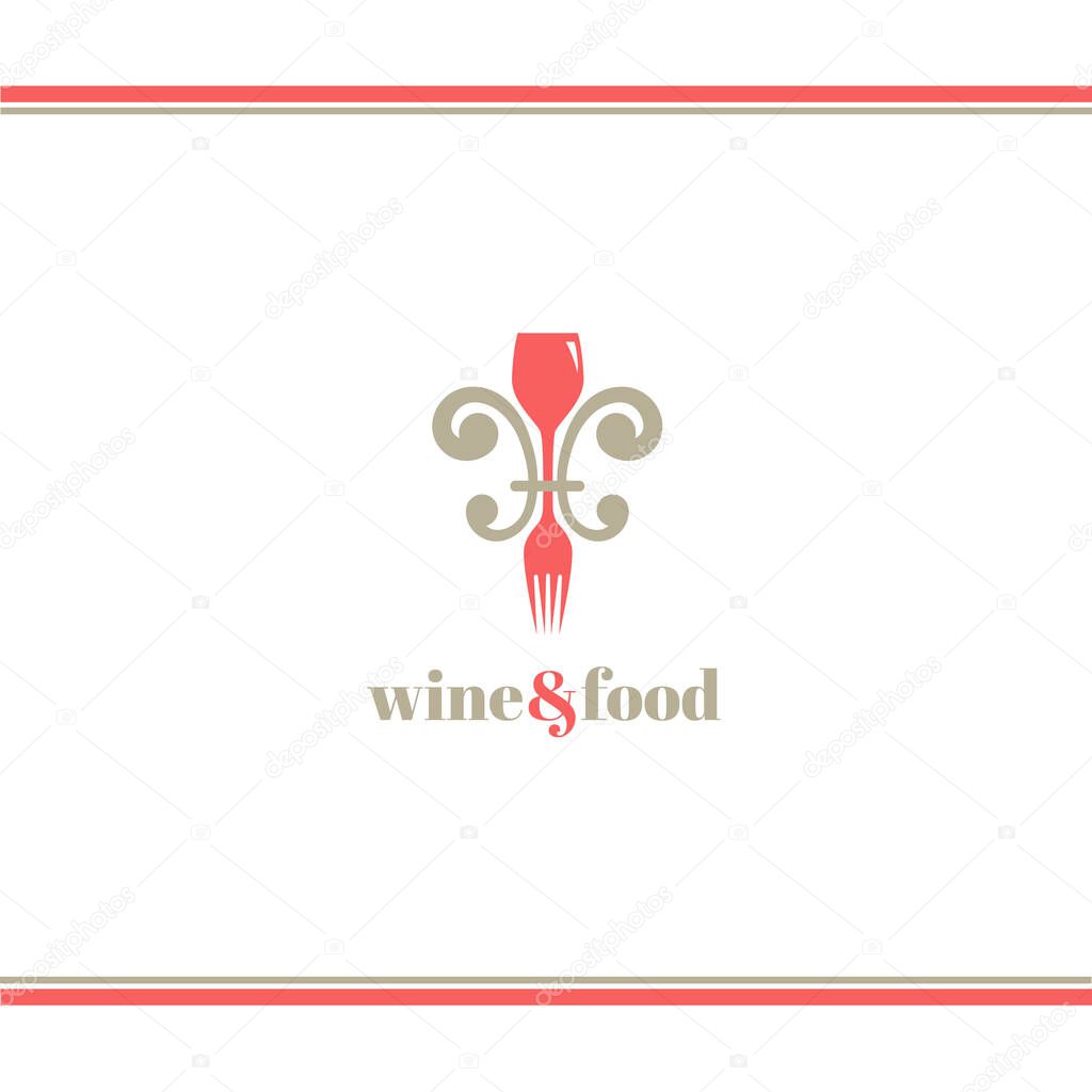 Logo vector design for a restaurant or catering company. Luxury design with floral decorative elements. Wine glass and fork. Pink and gold color