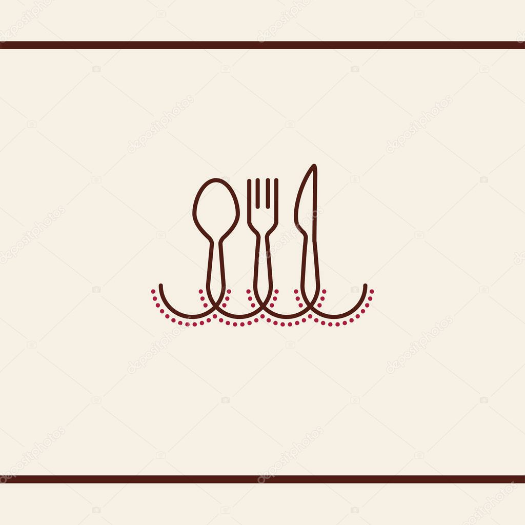 Logo design for traditional folklore cuisine. Cutlery with decorative line and dots. Spoon, fork and knife. Vector logo design template.