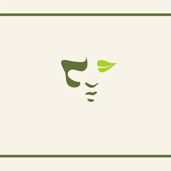 Silhouette Umana faccia unisex. una Foglia come un occhio. Ombra sul viso. Colore verde Cosmetici naturali alle erbe. Modello di design del logo . — Vettoriale Stock