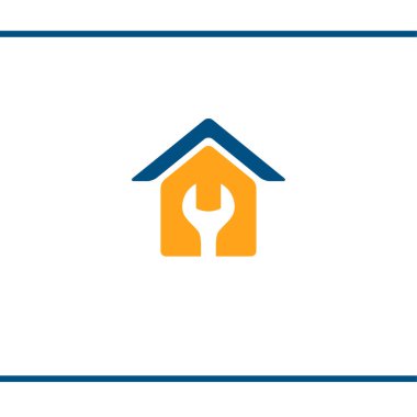 Ev Tamiri. Logo tasarımı. Vektör Şablonu. Negatif uzayda ingiliz anahtarı olan ev silueti. Sarı ve mavi.