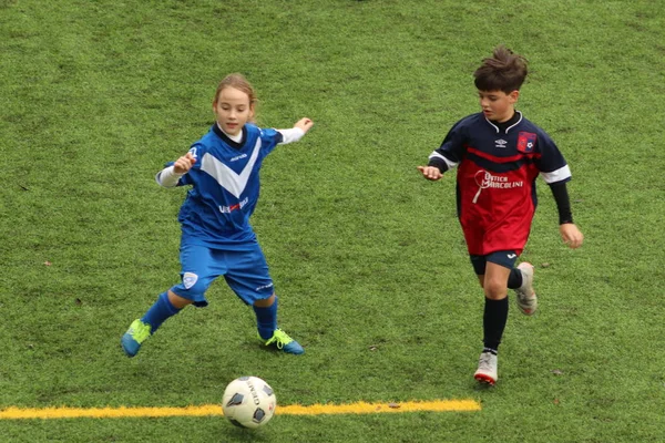 Brescia Itália Novembro 2018 Crianças Jogando Campeonato Para Jovens Futebolistas — Fotografia de Stock