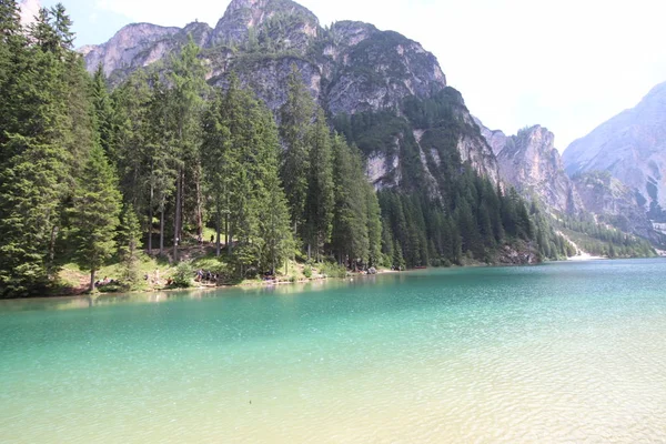 布雷斯湖在夏天 多洛米蒂斯 南蒂罗尔 意大利 欧洲最大的天然湖泊 美丽的自然背景 — 图库照片