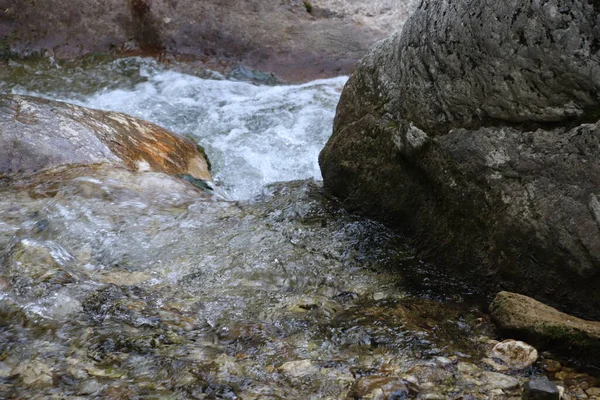 Naturlandskap Med Vackra Kaskader Fjällbäck Bland Frodiga Snår Skogen Idylliskt — Stockfoto