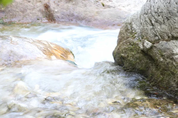 Naturlandskap Med Vackra Kaskader Fjällbäck Bland Frodiga Snår Skogen Idylliskt — Stockfoto