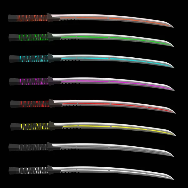 Geleneksel samuray silahları koleksiyonu farklı renklerde yapılmış ve modern bir şekilde yeniden yapılmış. Neon parıltılı siber punk tarzında Katana.