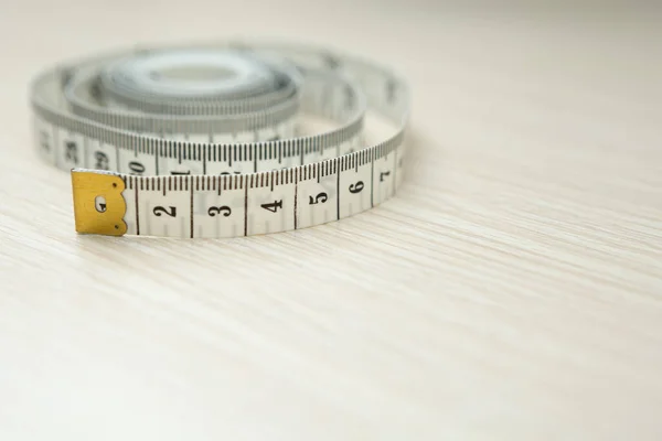 Tape Measure Wood Background Copy Space — Stock Photo, Image