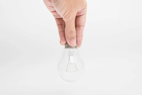 Mão Segurando Uma Lâmpada Tungstênio Fundo Branco — Fotografia de Stock