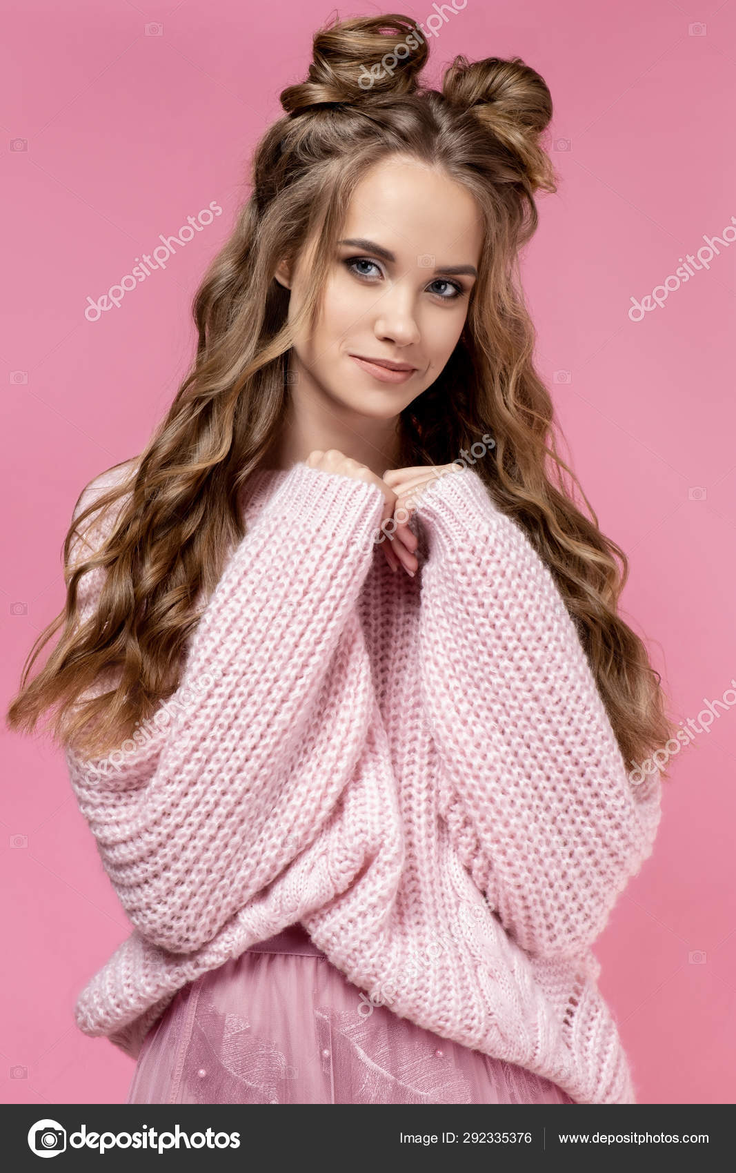 Pretty Young Girl Pink Sweater Pink Background Haircut Curly