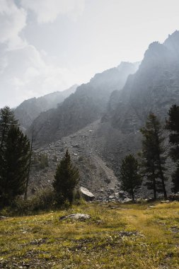 Güneş ışınları keskin dağların zirvelerinden görülebilir. Dağlar eteklerinde ağaçlar yetişir. Bir sürü ufalanmış taş yamaçlardan aşağı yuvarlandı. Altay Dağları'nın Doğası.