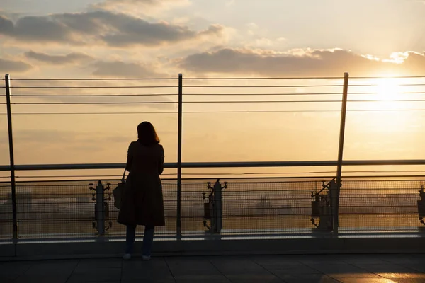 Silhouette Une Femme Coucher Soleil Pont Observation Sur Toit Gratte — Photo