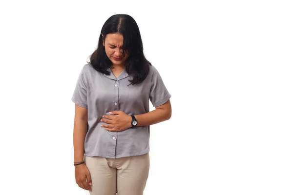Mujer Asiática Infeliz Buscando Enfermo Sufre Dolor Estómago Dolor Estómago — Foto de Stock