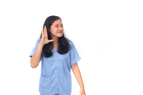 Menina Asiática Ouvir Com Mão Segurando Orelha Conceito Discussão Fofoca — Fotografia de Stock