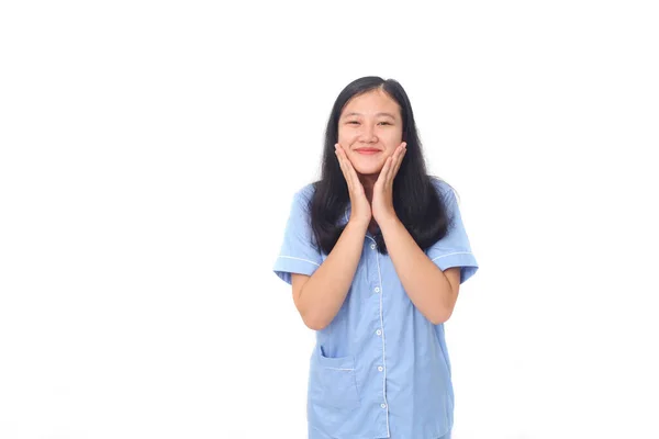 Impresionado Fascinado Asiático Emotivo Entusiasta Chica Sonriendo Sorprendido Agarre Las —  Fotos de Stock