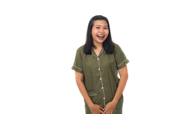 Portrait Happy Asian Girl Standing Laughing Isolated White Background — Stock Photo, Image