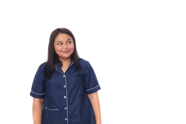 Retrato Mulher Asiática Enquanto Olha Para Lados Isolado Fundo Branco — Fotografia de Stock