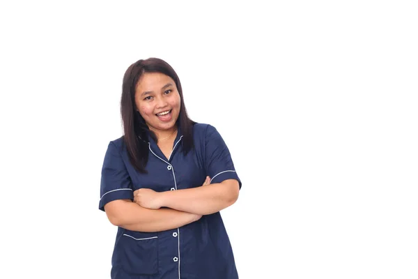 Retrato Chica Asiática Feliz Pie Sonriendo Aislado Sobre Fondo Blanco —  Fotos de Stock