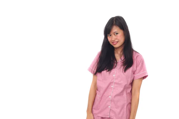 Retrato Chica Asiática Feliz Pie Sonriendo Aislado Sobre Fondo Blanco — Foto de Stock