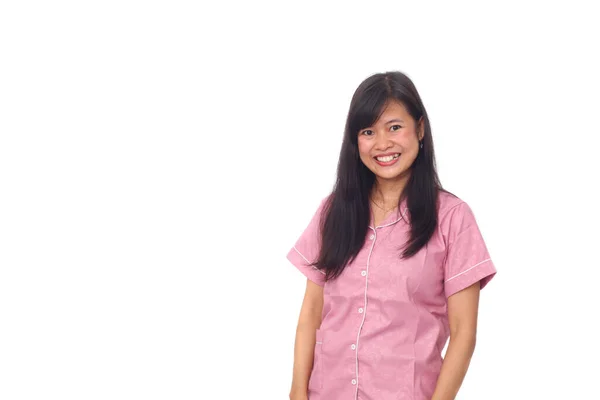 Retrato Chica Asiática Feliz Pie Sonriendo Aislado Sobre Fondo Blanco — Foto de Stock