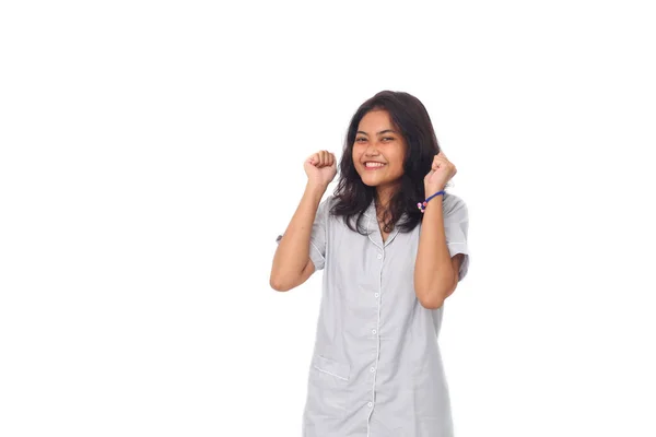 Портрет Счастливых Азиатских Девушек Стоящих Время Празднования Победы Успеха Изолированный — стоковое фото