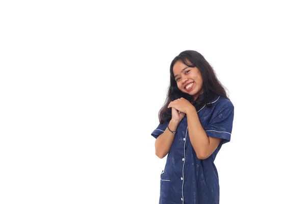 Asiatisches Mädchen Einem Blauen Nachthemd Mit Brauner Haut Und Kleinen — Stockfoto