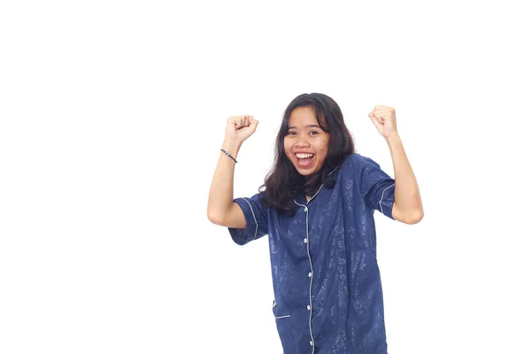 Menina Asiática Vestindo Uma Camisola Azul Com Pele Marrom Pequenas — Fotografia de Stock