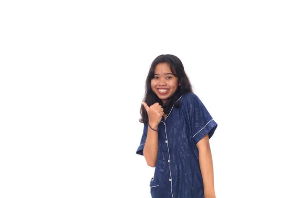 Asian Girl Wearing Blue Nightgown Brown Skin Little Zits Standing — Stock Photo, Image