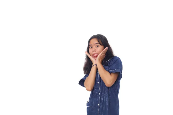 Asiatisches Mädchen Einem Blauen Nachthemd Mit Brauner Haut Und Kleinen — Stockfoto