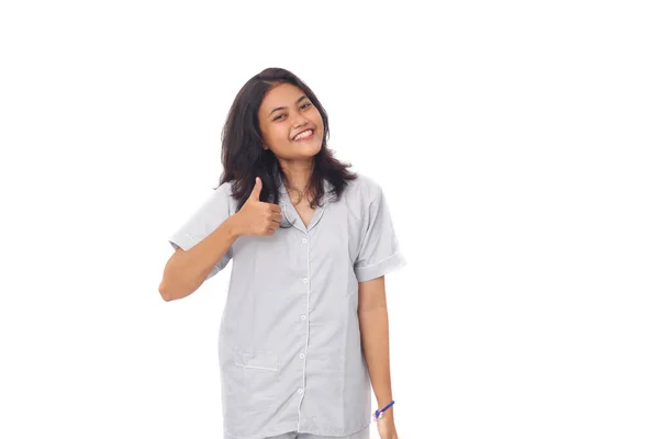 Menina Asiática Vestindo Uma Camisola Azul Sobre Fundo Branco Com — Fotografia de Stock