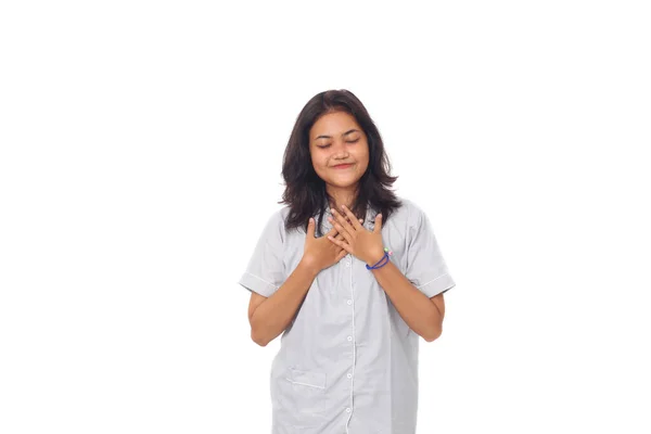 Asiática Chica Usando Camisón Azul Pie Sobre Fondo Blanco Con —  Fotos de Stock