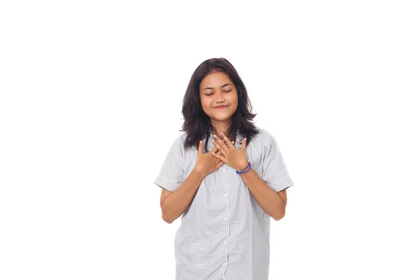 Asian Girl Wearing Blue Nightgown Standing White Background Copyspace — Stock Photo, Image