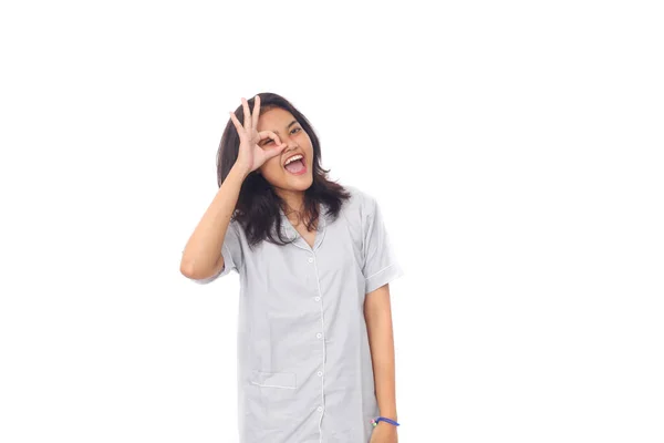 Asian Girl Wearing Blue Nightgown Standing White Background Copyspace — Stock Photo, Image