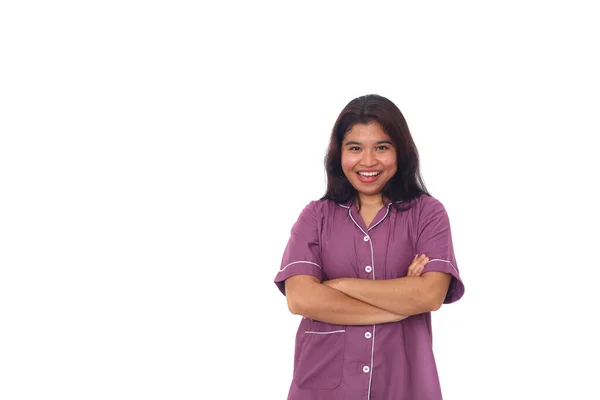 Asiatisches Mädchen Einem Lila Nachthemd Auf Weißem Hintergrund Mit Kopierraum — Stockfoto