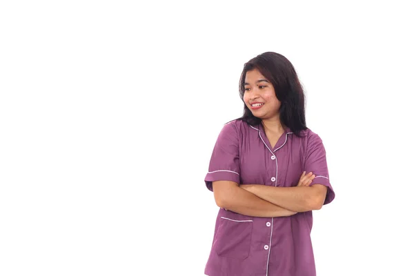 Asian Girl Wearing Purple Nightgown Standing White Background Copyspace — Stock Photo, Image